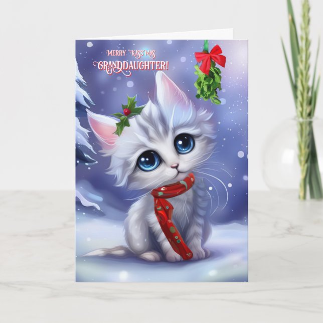 Granddaughter Christmas Holiday Cute Cat Mistletoe Card (Front)