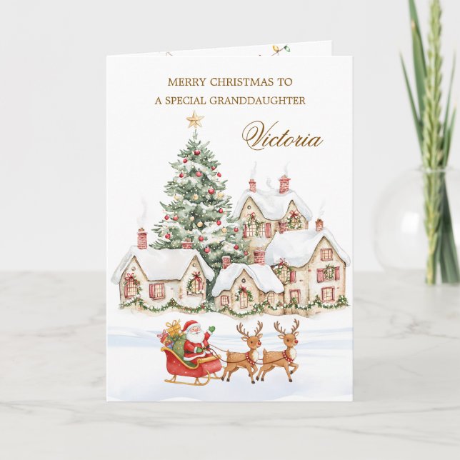 Granddaughter Christmas Tree Santa Reindeers Holiday Card (Front)
