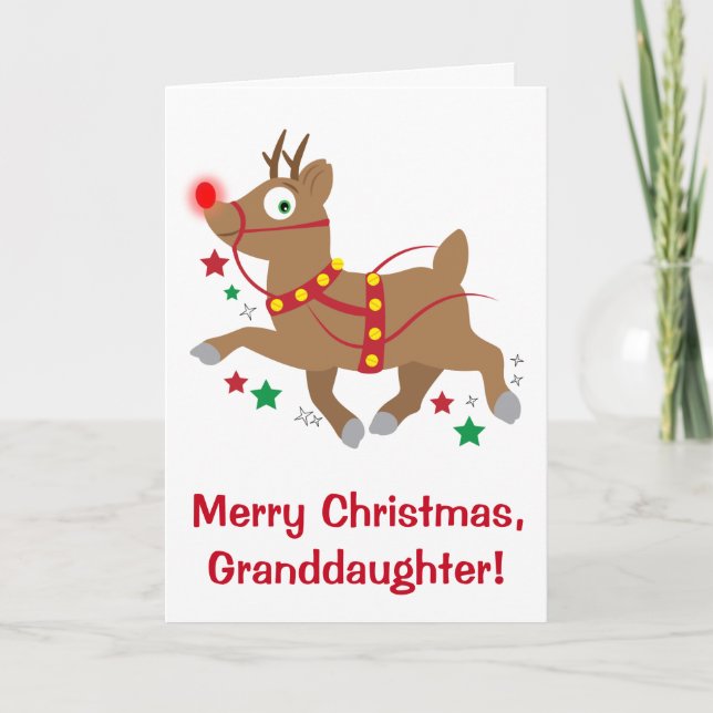 Granddaughter Christmas with Red-Nosed Reindeer Holiday Card (Front)