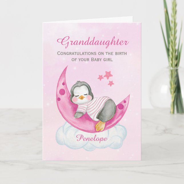 Granddaughter Congratulations A Baby Girl Penguin Card (Front)