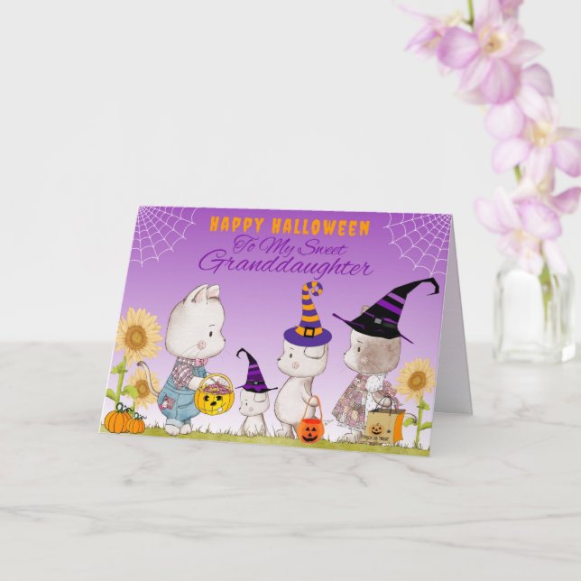 Granddaughter Cute Cats and Dogs Halloween Card (Orchid)