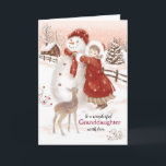 Granddaughter, Deer watches Girl make Snowman Holiday Card<br><div class="desc">On this vintage style Christmas card for Granddaughter, I've painted a sweet little girl tying a red scarf around the neck of a large snowman. A cute baby deer looks on. The girl is wearing a long dress under a heavy red coat with a white fur effect trimming on the...</div>