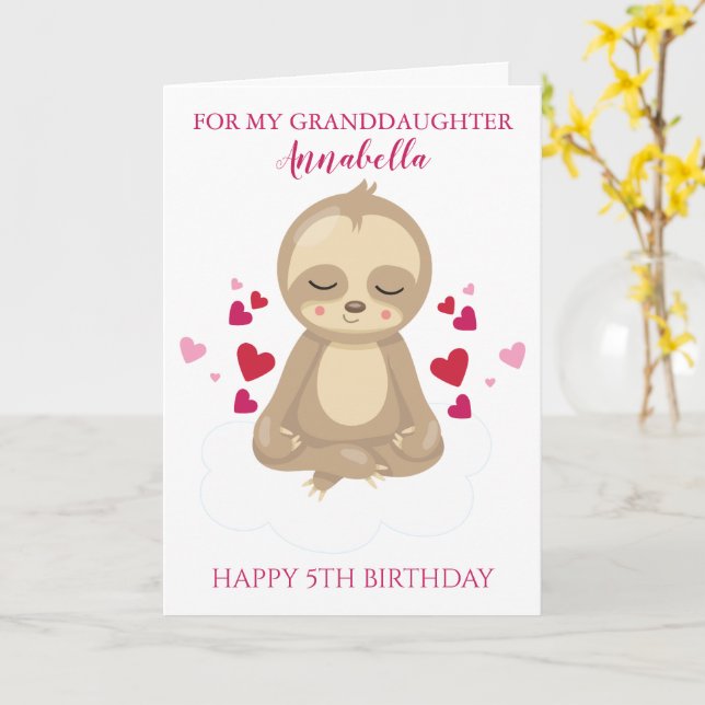 Granddaughter Fifth Birthday Cute Pink Sloth Photo Card (Yellow Flower)