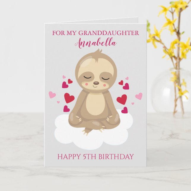 Granddaughter Fifth Birthday Cute Pink Sloth Photo Card (Yellow Flower)