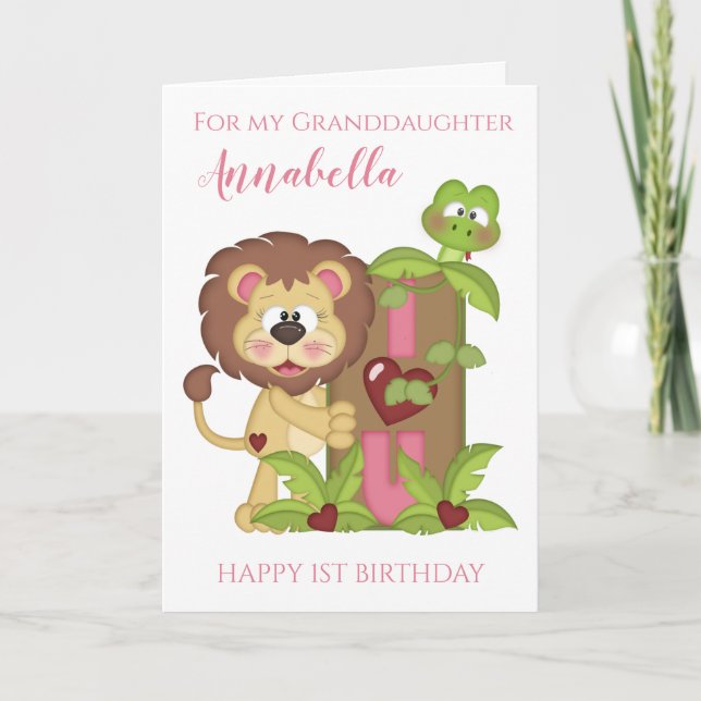 Granddaughter First Birthday Cute Lion Photo Card (Front)