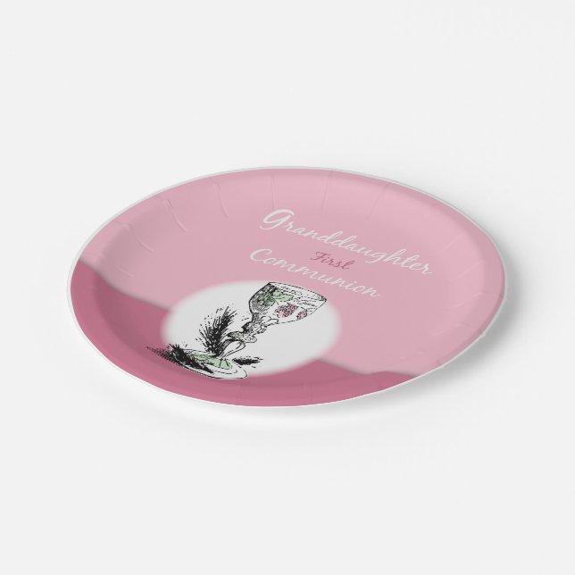 Granddaughter First Communion Pink, Chalice Paper Plate (Angled)
