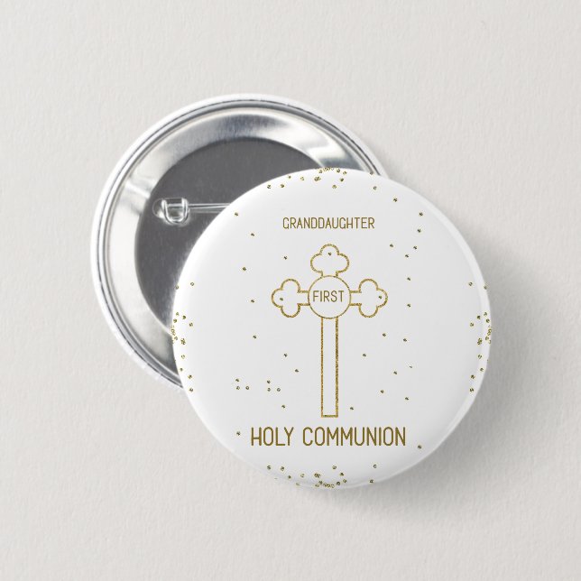 Granddaughter First Holy Communion Gold Look Cross 6 Cm Round Badge (Front & Back)