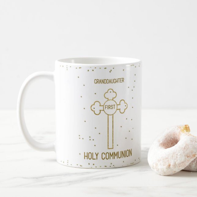 Granddaughter First Holy Communion Gold Look Cross Coffee Mug (With Donut)