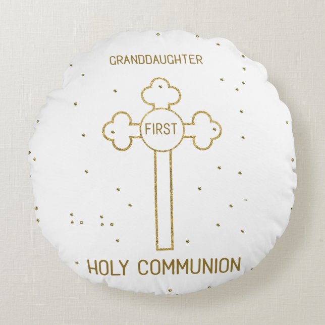 Granddaughter First Holy Communion Gold Look Cross Round Cushion (Front)