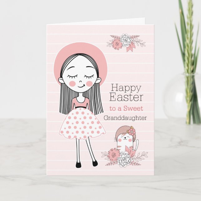 Granddaughter Girl and Cat Pink and Black Easter Holiday Card (Front)