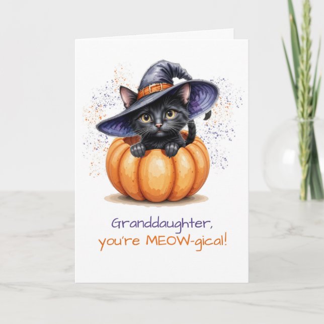 Granddaughter Halloween Cute Cat in Pumpkin Card (Front)