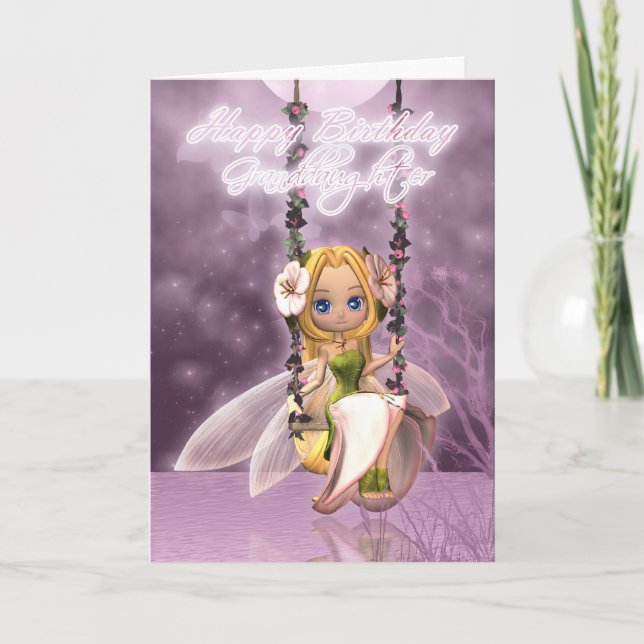Granddaughter Happy Birthday cute fairy on flower Card (Front)