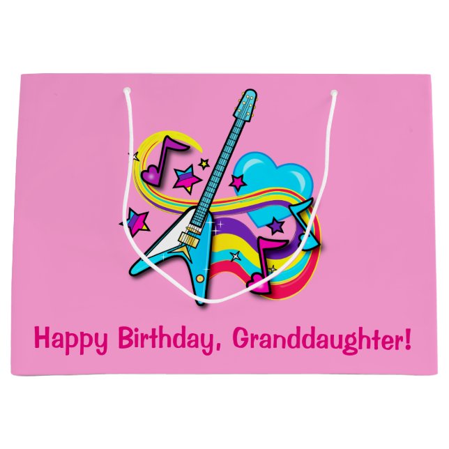 Granddaughter Happy Birthday Guitar, Hearts, Notes Large Gift Bag (Front)