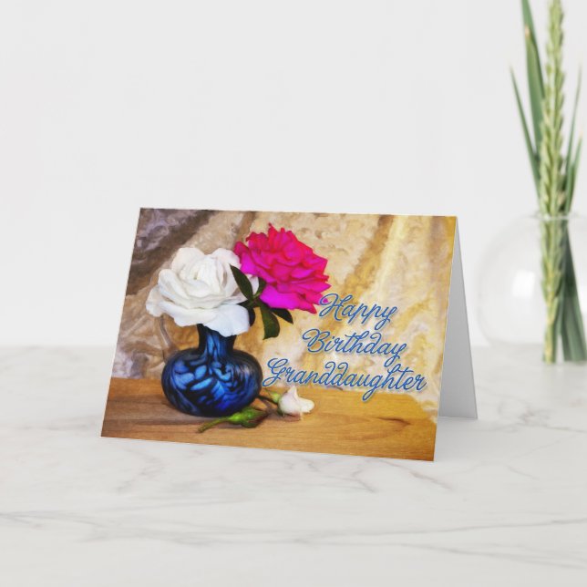 Granddaughter, Happy Birthday with painted roses Card (Front)