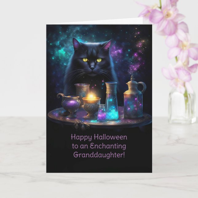 Granddaughter Happy Halloween Black Cat  Card (Orchid)