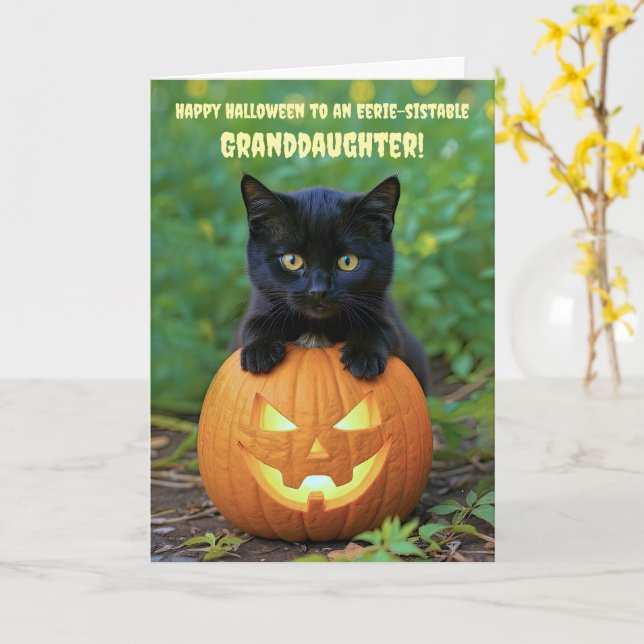 Granddaughter Happy Halloween Cute Black Kitten  Card (Yellow Flower)