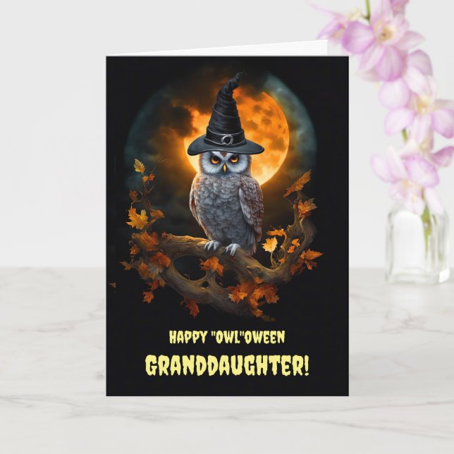 Granddaughter Happy Halloween with Cute Owl Card (Orchid)