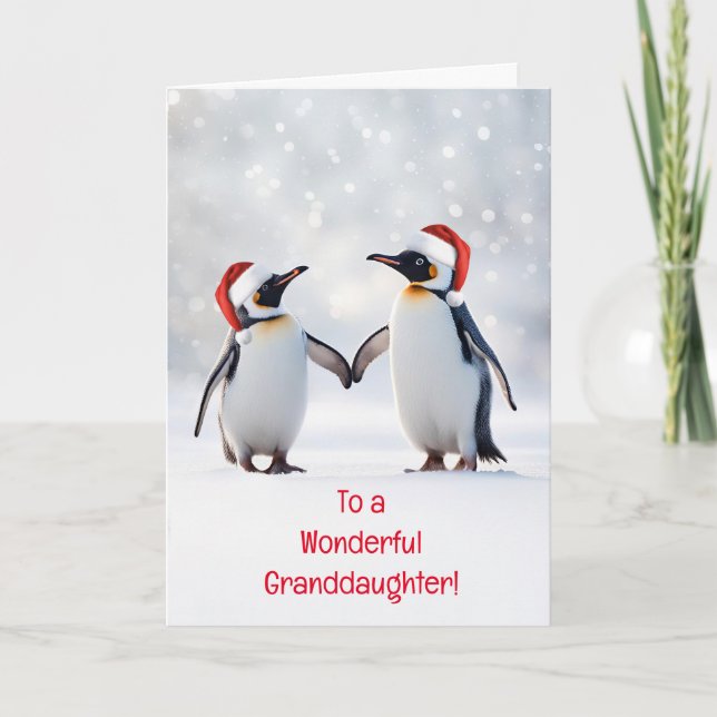 Granddaughter Happy Holidays Christmas Penguins Card (Front)