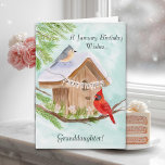 Granddaughter Happy January Birthday Birds at Bird Card<br><div class="desc">This hand-painted watercolor features a charming birdhouse adorned with a Happy Birthday banner, as a tufted titmouse and a cardinal stop by on a crisp January winter day. Soft seasonal details and gentle colors create a warm, thoughtful scene, making it a lovely birthday piece for granddaughter who celebrates in January....</div>