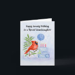Granddaughter Happy January Birthday Cardinal Cake Card<br><div class="desc">This hand-painted watercolor design features a bright red cardinal perched on a winter branch, holding a snowflake balloon beside a January birthday cake decorated with white and purple carnations, the traditional flowers for the month. Soft winter details and gentle colors create a warm, joyful scene, making this a lovely January...</div>