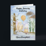 Granddaughter Happy January Birthday Owl Cake Card<br><div class="desc">Soft and serene, this hand-painted watercolor captures a Snowy Owl resting on a winter branch beside a layered vanilla birthday cake topped with gentle purple frosting and glowing candles. Ivy-covered trees in the background add a quiet January charm, making this a sweet and thoughtful birthday scene created especially for a...</div>