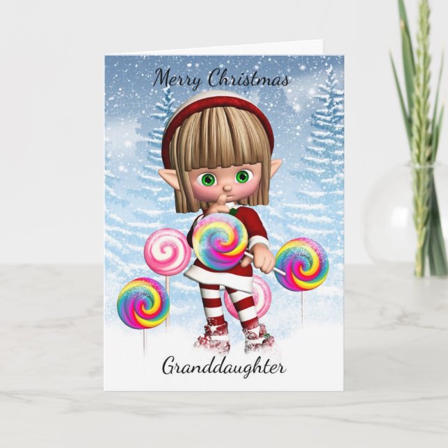 Granddaughter Little Elf With Candy Pops And Snow Holiday Card (Front)