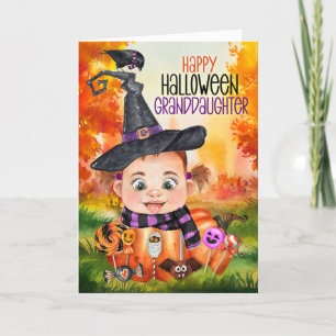 Granddaughter Little Witch Raven Halloween Pumpkin Holiday Card