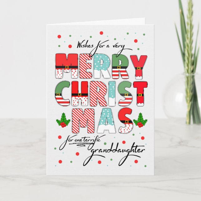 Granddaughter Merry Christmas Decorated Lettering Holiday Card (Front)