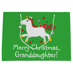 Granddaughter Merry Christmas with Cartoon Unicorn Large Gift Bag