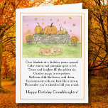 Granddaughter October Birthday with Pumpkin Picnic Card<br><div class="desc">This lovely watercolor and pen illustration captures a sweet autumn scene: pumpkins and gourds rest on a stone half wall, while orange and yellow mums bloom from rustic whiskey barrel planters. A cosy picnic is set with pumpkin spice lattes, a birthday cupcake, a bowl of popcorn, a crisp apple, and...</div>