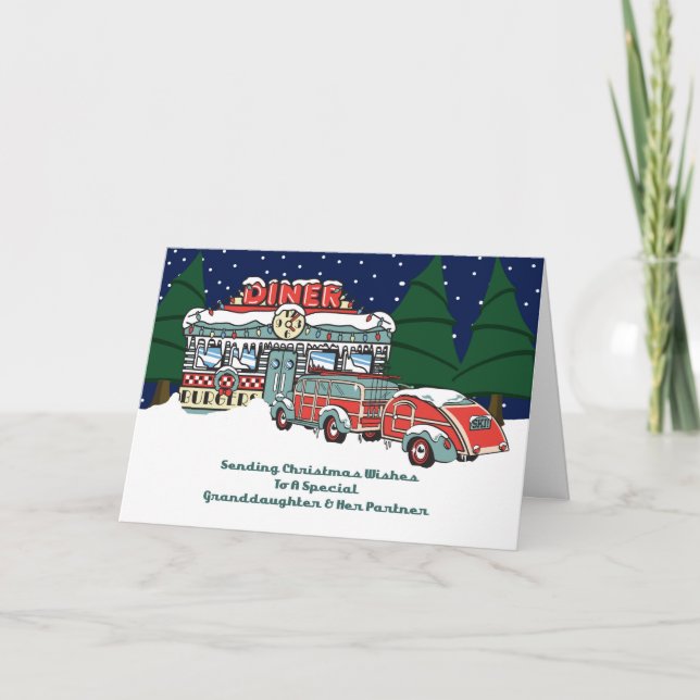 Granddaughter & Partner Retro Diner Christmas Holiday Card (Front)