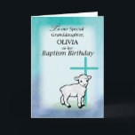 Granddaughter Personalise Name Baptism Birthday La Card<br><div class="desc">Customise this card with your granddaughter's name as you send her special blessings on her Baptism Birthday! A sweet lamb is standing in front of a teal coloured cross. Purple and lavender background fades into the teal and green in a watercolor look.</div>