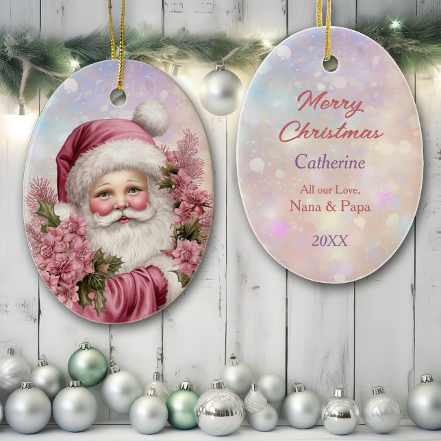 Granddaughter Pink Christmas Rose Bouquet Santa Ceramic Tree Decoration (Creator Uploaded)
