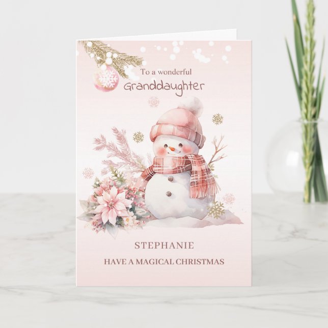 Granddaughter Pink Christmas Snow Girl  Holiday Card (Front)