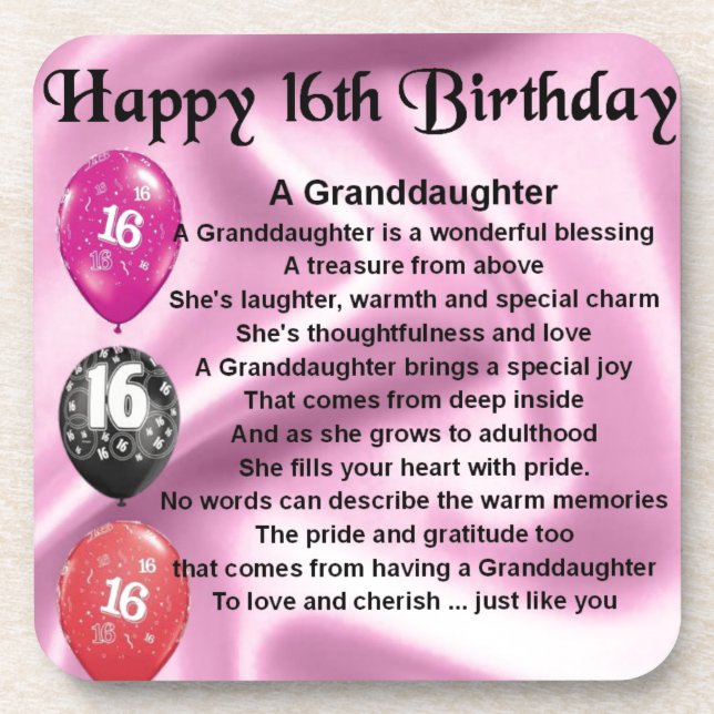 Granddaughter Poem 16th Birthday Coaster (Front)