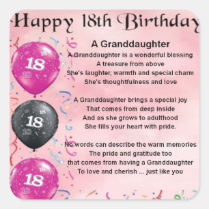 Granddaughter Poem - 18th Birthday Square Sticker