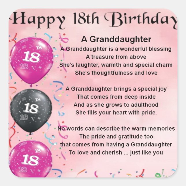 Granddaughter Poem - 18th Birthday Square Sticker (Front)