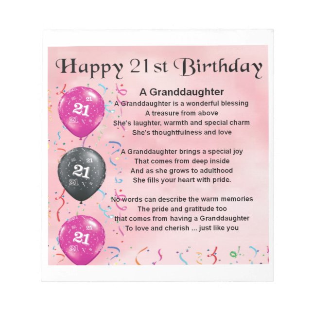 Granddaughter Poem - 21st Birthday Notepad (Front)