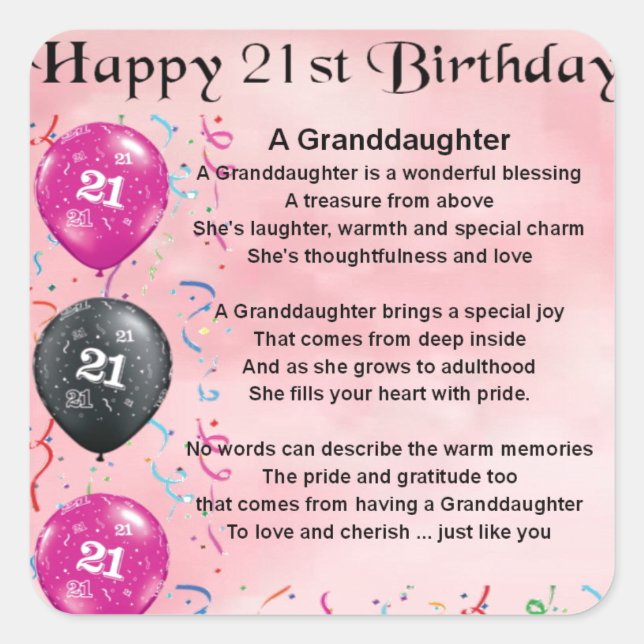 Granddaughter Poem - 21st Birthday Square Sticker (Front)