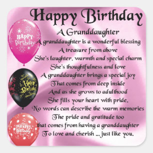 Granddaughter Poem - Happy Birthday Design Square Sticker