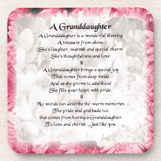 Granddaughter Poem - Pink Floral Design Coaster (Front)