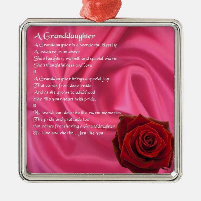 Granddaughter Poem - pink silk & rose Metal Tree Decoration (Front)