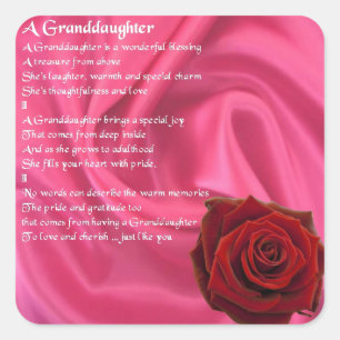 Granddaughter Poem - pink silk & rose Square Sticker
