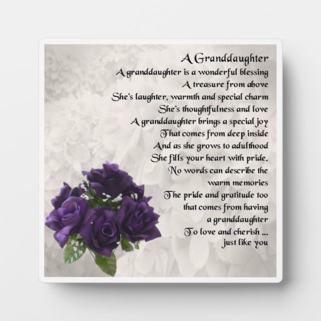 Granddaughter Poem Plaque  -  Purple  Roses Design (Front)