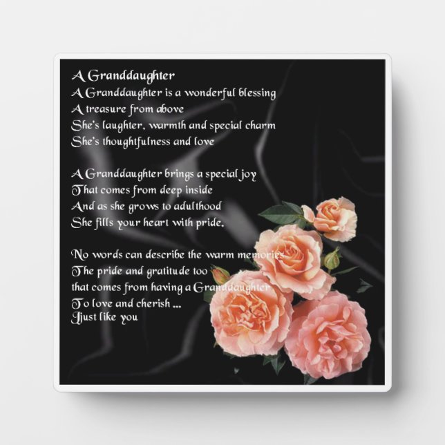 Granddaughter Poem Plaque - Roses on Black Silk (Front)