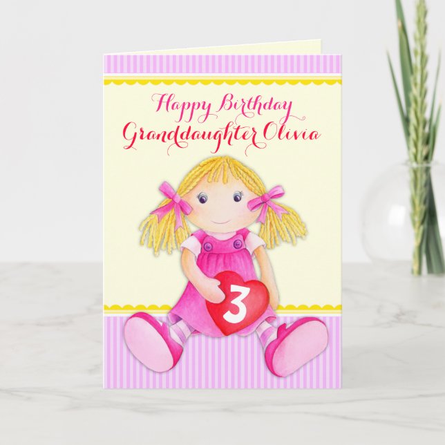 Granddaughter rag doll third birthday card (Front)