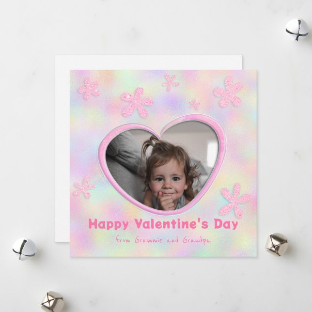 Granddaughter Rainbow Floral Valentine's Day Photo Holiday Card (Front/Back In Situ)
