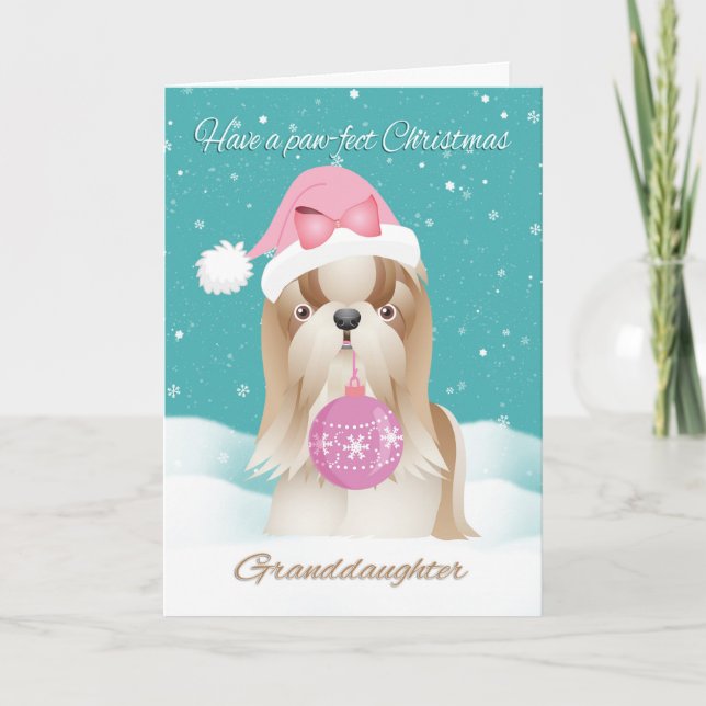 Granddaughter, Shih Tzu Dog With Cute Santa Hat An Holiday Card (Front)