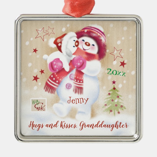 Granddaughter, Snow Child Hugs Puppy, Christmas Metal Tree Decoration (Front)