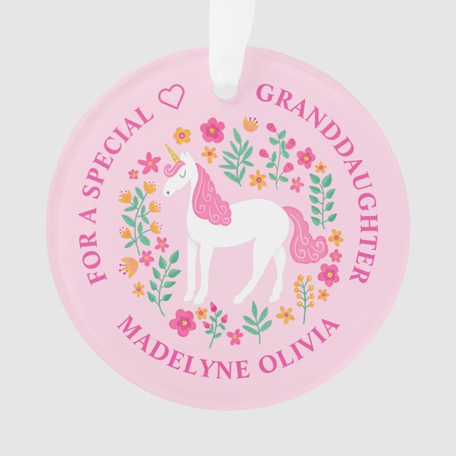 Granddaughter Unicorn Flowers Cute Pink Ornament (Front)